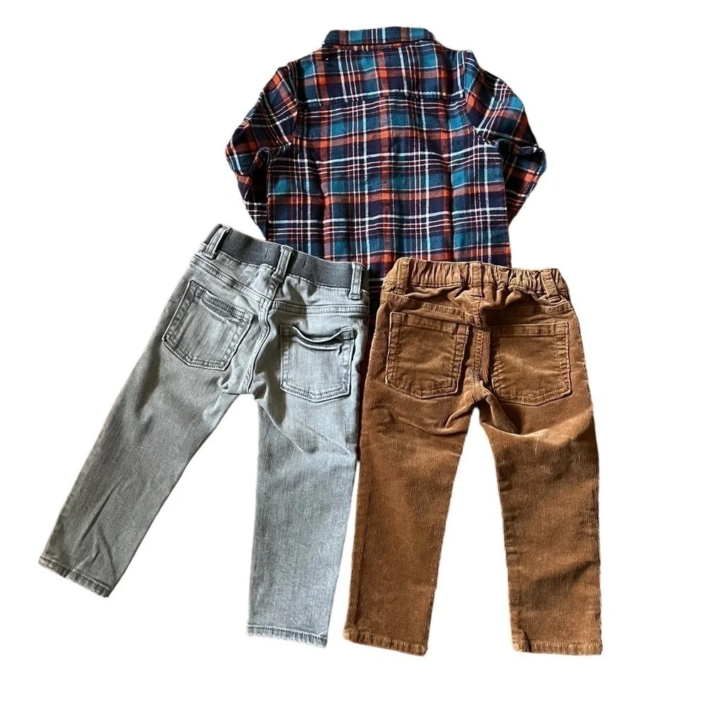 Gymboree bundle of skinny jeans, skinny corduroys, and button down plaid shirt